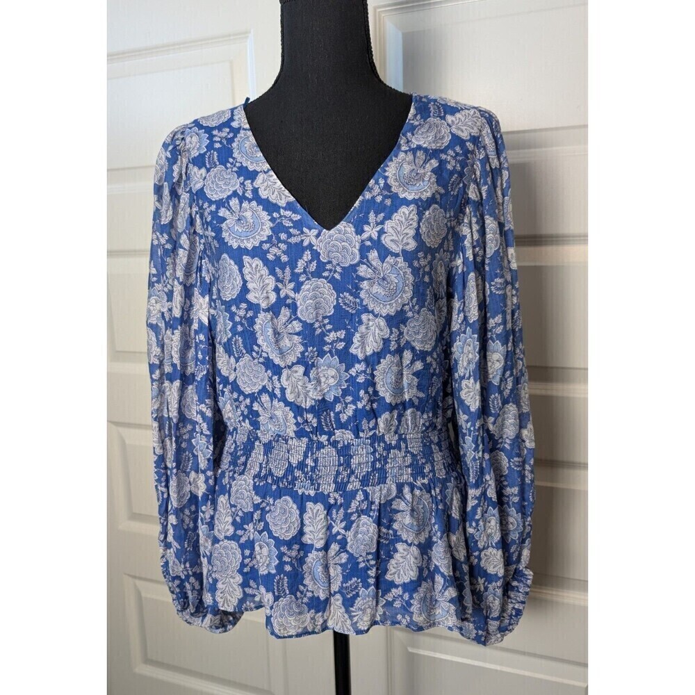 Vince Camuto V-Neck Peplum Top Blue and White Floral Blouse Top Size Small - Picture 2 of 15